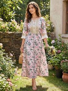 Elegant Arabian Floral Print Long Dress With Notched Ruffle Neck Three Quarter Regular Sleeves Fringe Detail And Appliques Woven Fabric - Multicolor - View 1