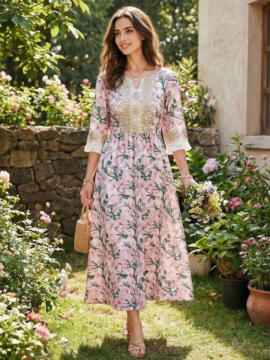Elegant Arabian Floral Print Long Dress With Notched Ruffle Neck Three Quarter Regular Sleeves Fringe Detail And Appliques Woven Fabric - Multicolor - View 1