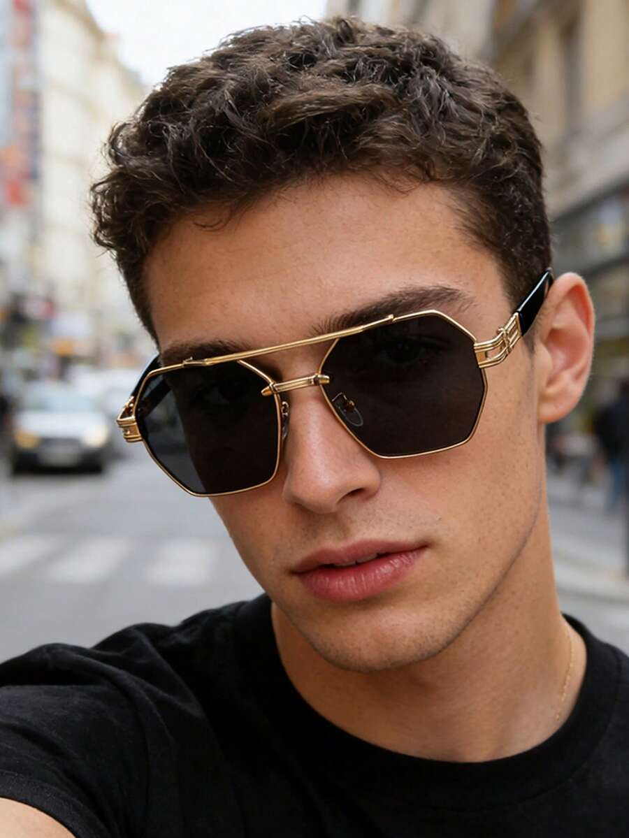 一副男士金色边框双梁不对称多边形时尚眼镜，金属材质，防晒，轻奢欧式街头风时尚眼镜，黑金镜腿，都市漫步风格 - 彩色 - 查看 1