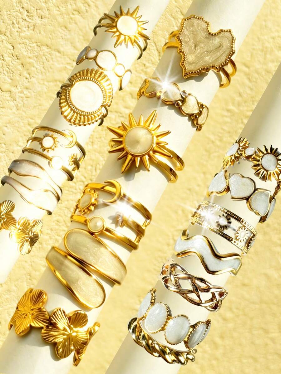 Bộ 6 chiếc nhẫn đơn giản & thời trang kiểu cổ điển hình trái tim giọt dầu và hoa hướng dương, thích hợp cho nữ, các cặp đôi, đi nghỉ mát, hẹn hò, mặc hàng ngày, dự tiệc, đám cưới, làm quà tặng cho mẹ, bạn bè. - Vàng - Xem 1
