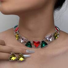 3PCS Vintage Geometric Triangle Necklace, Unique Exaggerated Luxurious Jewelry Set, Evening Dress Accessories, Earrings - 綠色 - 查看 2