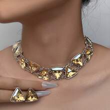 3PCS Vintage Geometric Triangle Necklace, Unique Exaggerated Luxurious Jewelry Set, Evening Dress Accessories, Earrings - 綠色 - 查看 5