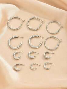 12pcs Classic C-Shape Earring Set, Fashion & Versatile - Silver - View 3