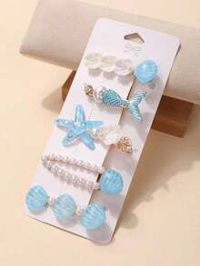 5pcs/Pack Mermaid Shell Hair Clips, Cute Kawaii Lovely Girls Side Crab Clips, Korean Fashion Bangs Hair Accessories - 紫色 - 查看 8