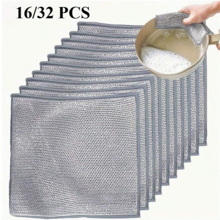 16/32-Pack Reusable Dishwashing Scrub Pads - Durable Square Scouring Pads For Kitchen, Bathroom, And Dining Room, Multi-Functional Oil Stain Removal Design, Modern Style, Rough Surface, Sturdy Structure, Household Essentials