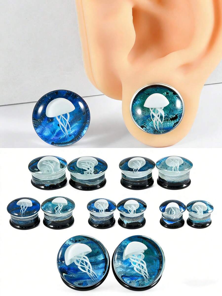 1个水母玻璃双喇叭耳塞 星系海底水母耳洞扩耳器玻璃耳扩重量身体穿刺饰品