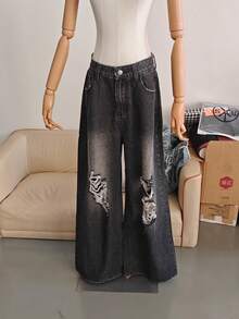 女士休闲直筒牛仔裤，带口袋，时尚做旧裤 - 黑灰色 - 查看 5