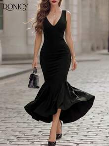 DONICY Elegant Black V-Neck Dress, Women's Fashion Fitted Mermaid Dress, Sleeveless Party Evening Gown - Black - View 7