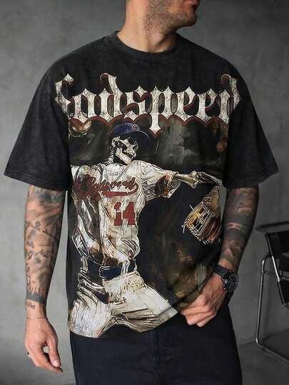  FRACTYR 男士复古黑色印花T恤，骷髅头和棒球运动员图案，圆领短袖T恤