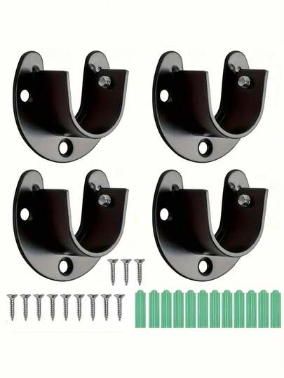 4个不锈钢U型衣柜挂杆支架，25毫米，黑色，适用于衣柜杆插槽、衣柜轨道末端支架、窗帘杆支架