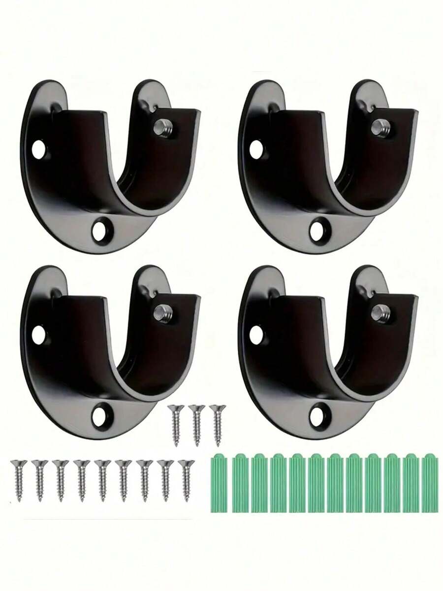 4个不锈钢U型衣柜挂杆支架，25毫米，黑色，适用于衣柜杆插槽、衣柜轨道末端支架、窗帘杆支架 - 黑色 - 查看 1