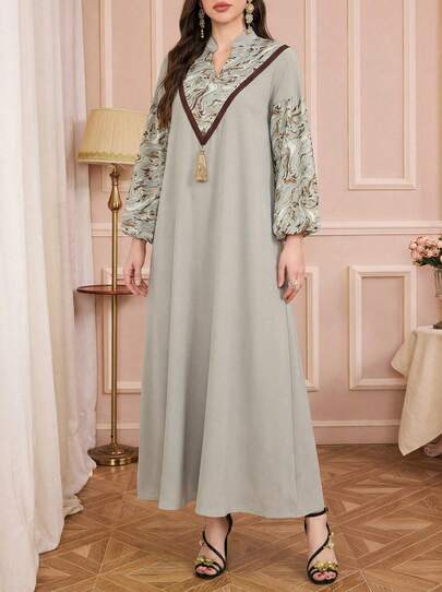 Solessence Vestido árabe elegante de manga larga con cuello en pico y contraste de color para mujer