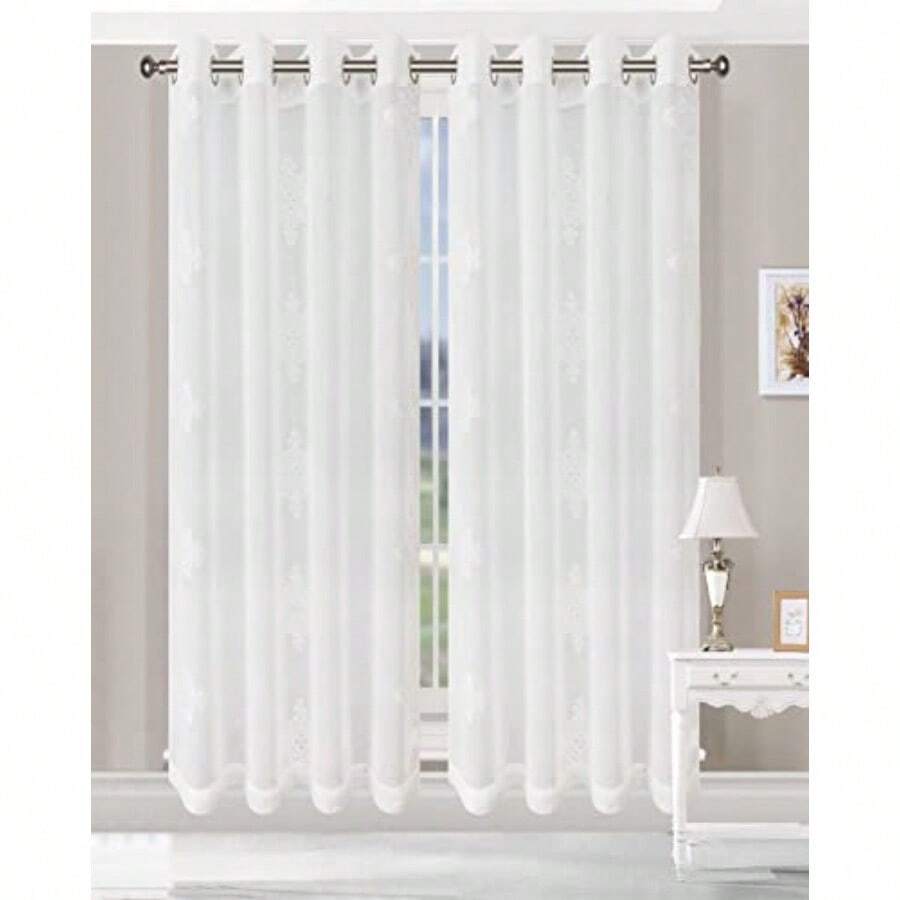 Superior Quality Lightweight Embroidered Damask Sheer Stainless Grommets Window Treatment Curtain Panel Set of 2 52" x 108" - White - Blanco - Ver 1