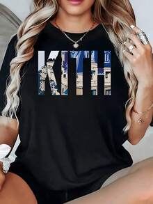 Patrón con letras grandes  que muestran una vista urbana moderna con edificios y tonalidades azules transmitiendo energía y movimiento camiseta de mujer casual cómoda tela suave 220g perfecta para uso diario - Negro - Ver 8