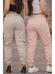 Stillger Moda Jeans Kit 2 Women's Cargo Jeans Jogger High Waist Butt Lifting Premium Pants With Lycra Side Pockets - 米色和粉紅色 - 查看 3
