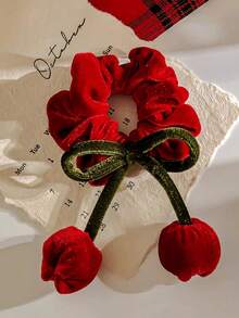 1pc Flower Bow Scrunchie Hair Accessory, Suitable Girls, Birthdays, Parties, Valentine's Day, Dancing Performances, And Everyday Wear, Autumn/Winter Woman Accessories ,Ponytail Holders ,Hair Elastics ,Hair Rubber Bands ,Hair Rope ,Elastic Hair Tie Elastic Band Beauty Home Hair Accessories - 紅色 - 查看 5