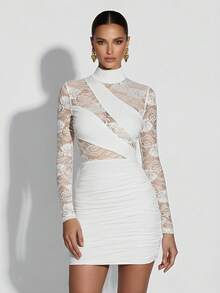 Elegante vestido de cóctel corto de manga larga y semitransparente con cuello de encaje blanco para mujer - Blanco - Ver 1