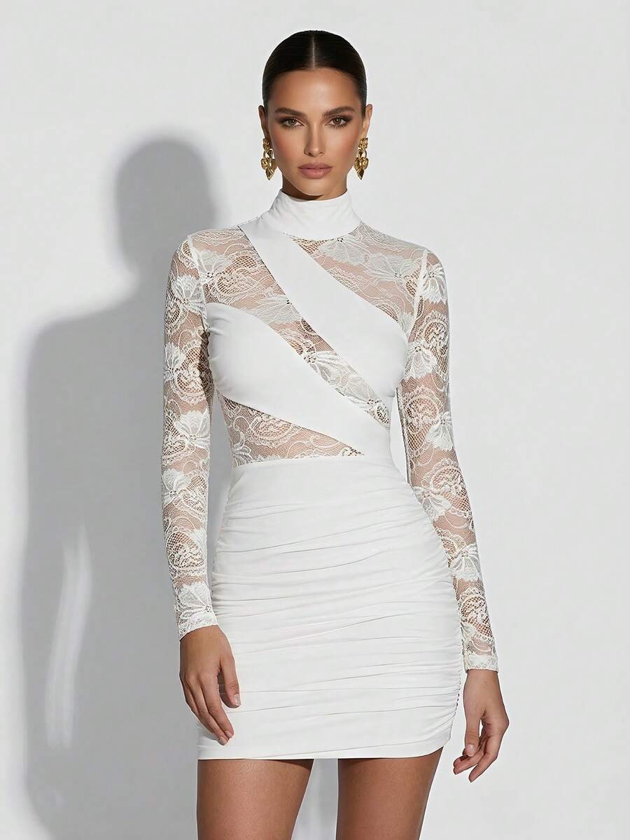 Elegante vestido de cóctel corto de manga larga y semitransparente con cuello de encaje blanco para mujer - Blanco - Ver 1