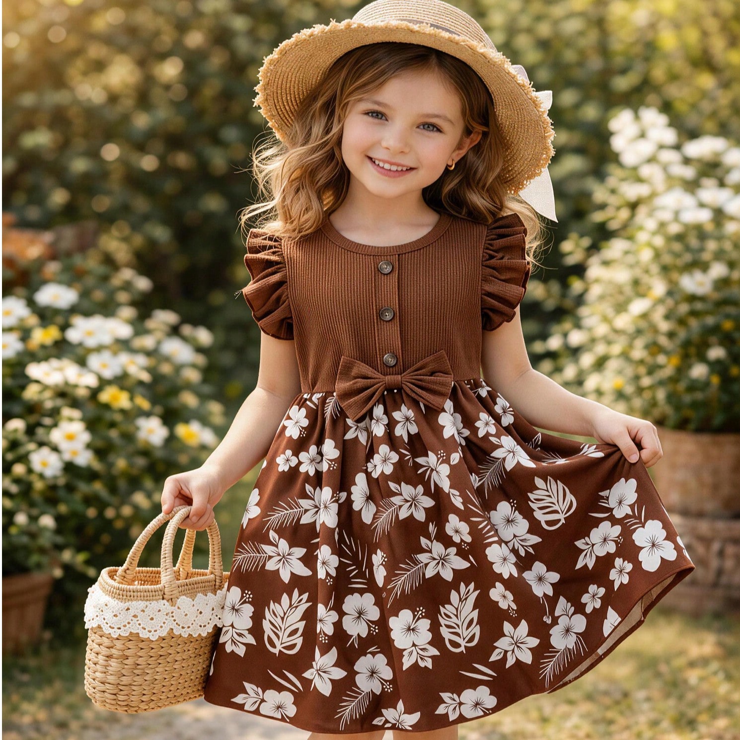 Vestido de princesa dulce de verano para niñas, diseño de mangas acampanadas acanaladas en color marrón, cintura ceñida, falda completa con estamp