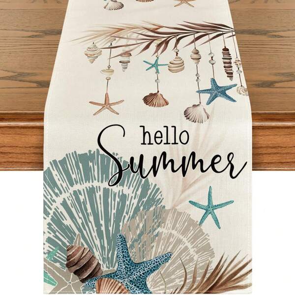 Hello Summer Seashell Themed Table Runner, Seasonal Kitchen & Dining Table Decor For Home Party