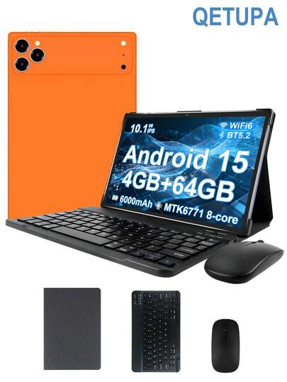 Qetupa 10.1英寸安卓15轻薄平板电脑，配备保护套、键盘和鼠标，搭载MTK6771八核2.0GHz处理器，4GB RAM + 64GB ROM（支持1TB SD卡扩展），高清(1280x800) IPS触控屏，500万像素前置摄像头和800万像素后置摄像头，6000mAh电池，支持蓝牙5.2、802.11ax Wi-Fi 6、GPS和Type-C充电接口。