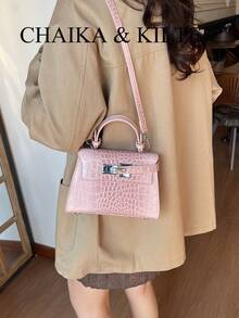 New Summer Lychee Pattern Fashion Women's Handbag, Stylish Adjustable Shoulder Strap Decoration, Minimalist Solid Color High-End Hardware Decor Commuter Shoulder Bag - Pink - View 8