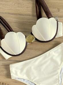 Bikinx Traje de baño de mujer con copas de concha, borde de parche y aros, elegante para vacaciones de verano - Beis - Ver 5