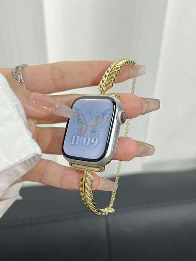 MAPUCE 1条时尚金属羽毛表带，适用于，兼容 38/40/41/42/44/45/46/49mm，适用于 Ultra/SE/11/10/9/8/7/6/5/4/3/2/1系列，长度可调节，操作简便，金属羽毛设计，独特高级，时尚小巧的配饰表带，设计感十足，适合赠送亲朋好友（仅含表带，不含手表和表壳）。