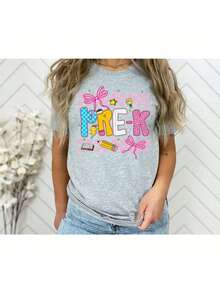 Women's Summer Shirts Pre-K Teacher Shirt, PreK Teacher Gift, Preschool Squad Tee, Teacher Team Shirt Oversized Tshirts For Women Oversized Graphic T-Shirts Casual Round Neck Short Sleeve Tee 1pcs Fashion Shirt - Xám - Xem 1
