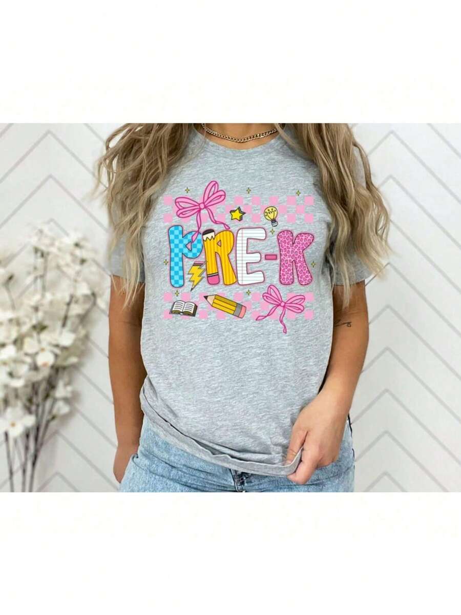 Women's Summer Shirts Pre-K Teacher Shirt, PreK Teacher Gift, Preschool Squad Tee, Teacher Team Shirt Oversized Tshirts For Women Oversized Graphic T-Shirts Casual Round Neck Short Sleeve Tee 1pcs Fashion Shirt - Xám - Xem 1