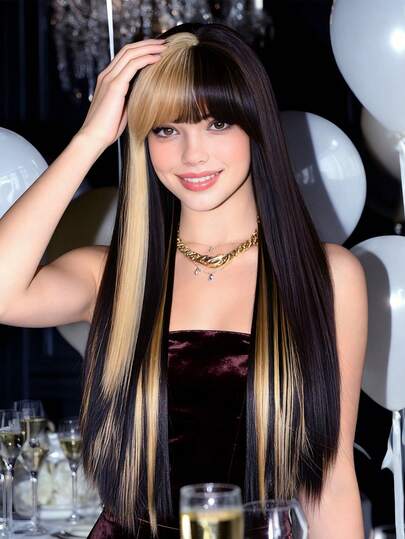 Temperament 24-Inch Extra Long Grandient Black Ombre Straight Synthetic Heat-Resistant Fiber Wig Women's Miiddle Part Wig Perfect For Holiday Party Daily Wear