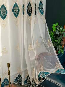 1pc European Style Elegant Tulle Embroidered Sheer Curtain - Dark Green - View 6