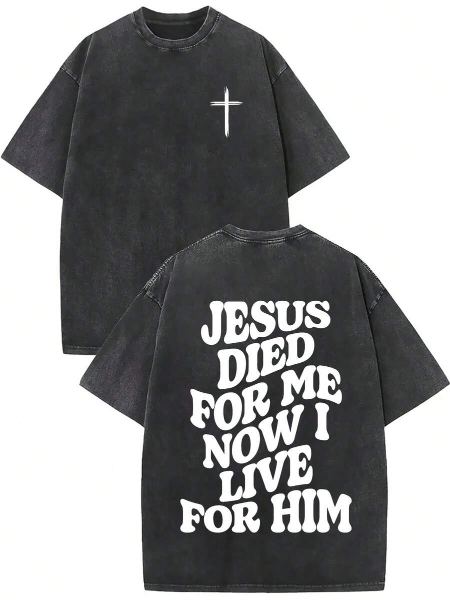 1 Piece 230G Retro T-Shirt For Unisex, JESUS DIED FOR ME NOW I LIVE FOR HIM Print Oversized Cotton Solid Drop Shoulder T Shirts For Men Vintage Streetwear Basic Tees Baggy Hip Hop Unisex Tops Acid Wash T ShirtRound Neck Loose Fit T-Shirt - 黑色 - 查看 1