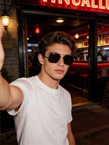 一副男士无框不对称多边形时尚眼镜，金属材质，带防护功能，风格轻盈奢华，兼具实用性和时尚感，双梁设计，适合街头穿着。 - 彩色 - 查看 1