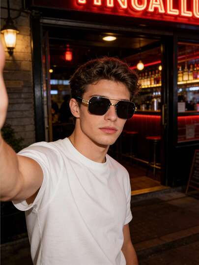 1 Pair Of Men's Rimless Asymmetrical Polygon Fashion Glasses, Made Of Metal, With Protection, Featuring A Light Luxury, Functional, And Fashionable Style, Double-Bridge Design, Suitable For Street Wear