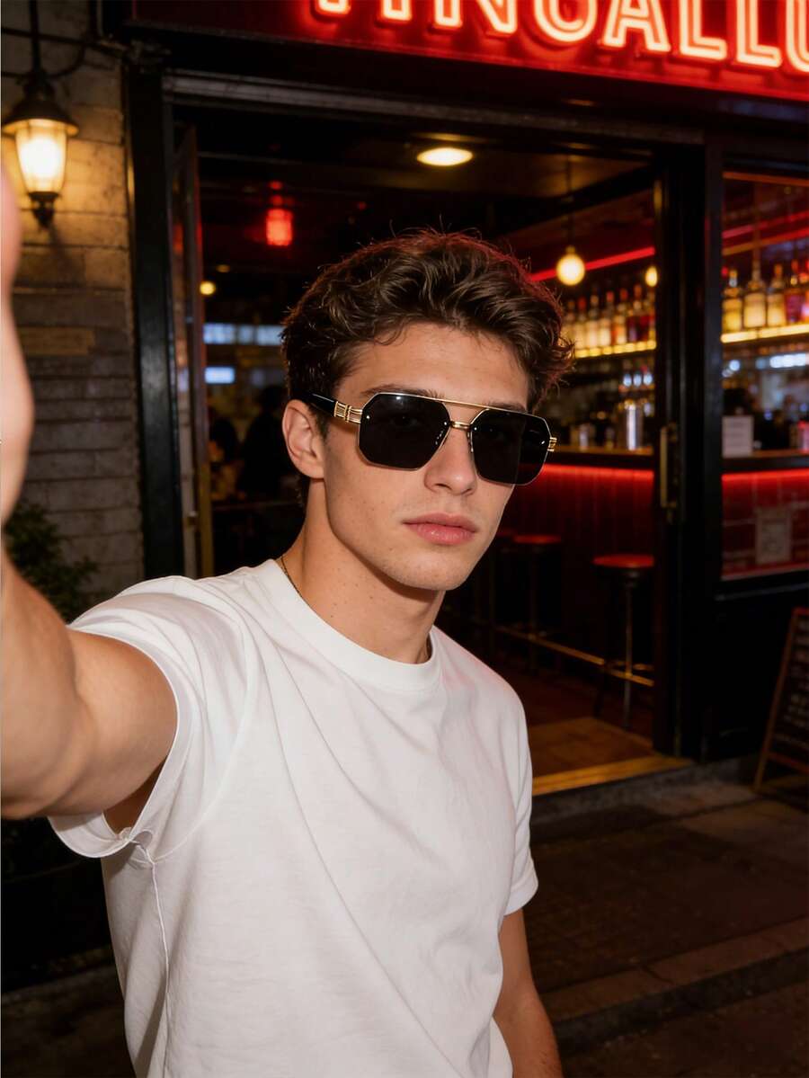 一副男士无框不对称多边形时尚眼镜，金属材质，带防护功能，风格轻盈奢华，兼具实用性和时尚感，双梁设计，适合街头穿着。 - 彩色 - 查看 1