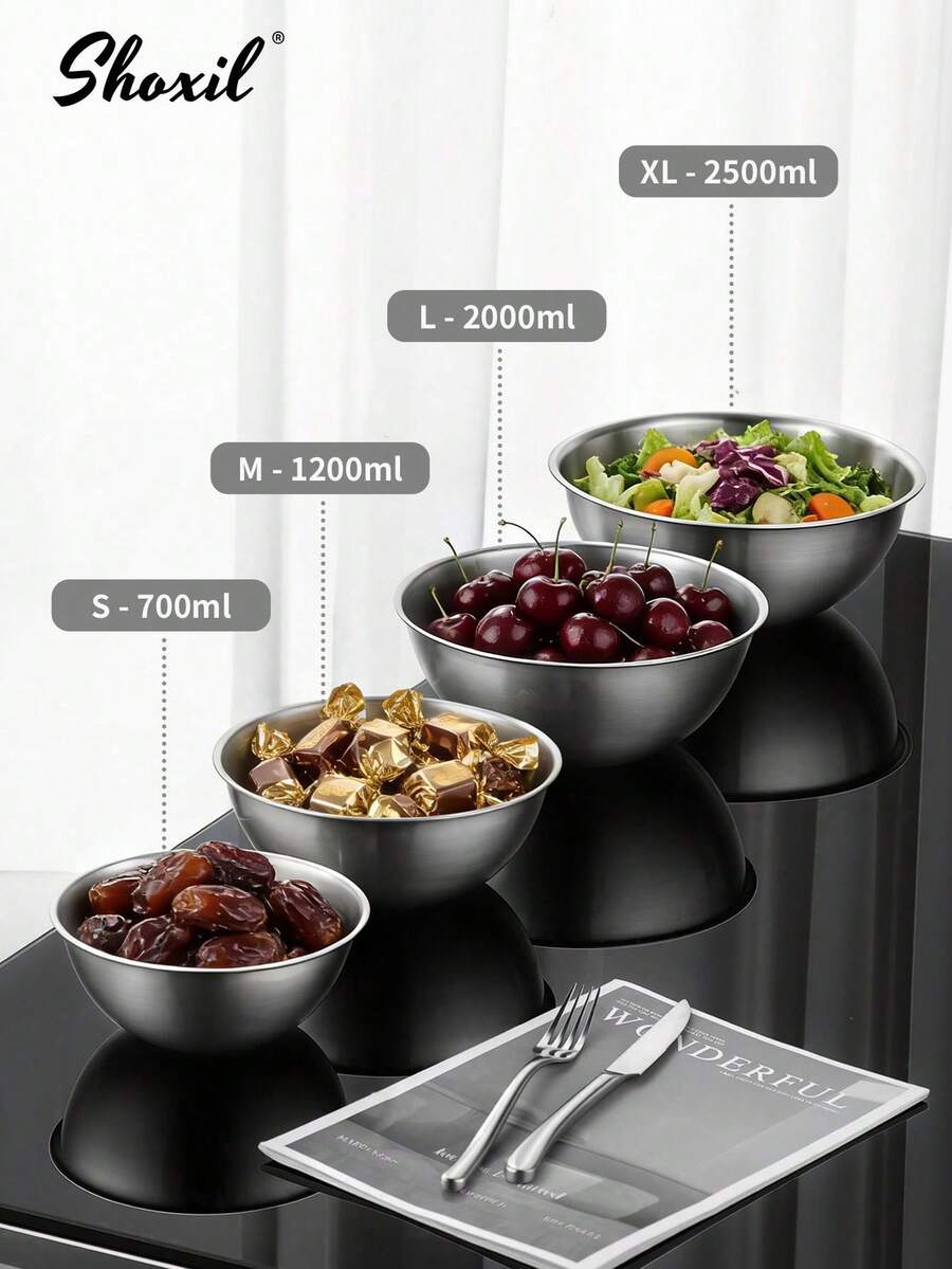 shoxil 1pc Nestable Stainless Steel Measuring Mixing Bowl, Rust-Resistant Metal Bowl Suitable For Baking, Cooking, Salad Preparation, Marinating, Meal Prep And Daily Kitchen Use - Bowl - View 1