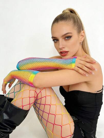 彩虹网眼丝袜手套套装，性感镂空过膝长筒袜时尚紧身裤，适合科切拉音乐节、正式场合、派对、骄傲游行、各种庆祝活动。