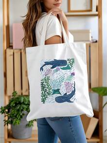 海洋生物印花帆布手提袋，轻便可重复使用，适合泳池度假日常必备 - 彩色 - 查看 12
