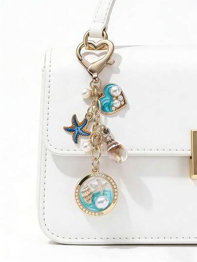 1件高级珍珠心形海星贝壳洒油合金钥匙扣，复古时尚夏季海洋系列，巴洛克精致包包挂饰，汽车挂件，送给朋友和家人的纪念品，生日礼物，母亲节礼物，度假纪念品，教师节礼物，返校礼物。