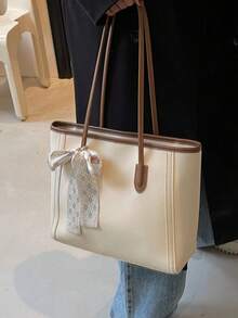 Fashionable Solid Color Scarf Decor PU Tote Bag, Large Capacity Commuter Vintage Minimalist Shoulder Bag, Versatile Handbag Suitable For Women - 米色 - 查看 6
