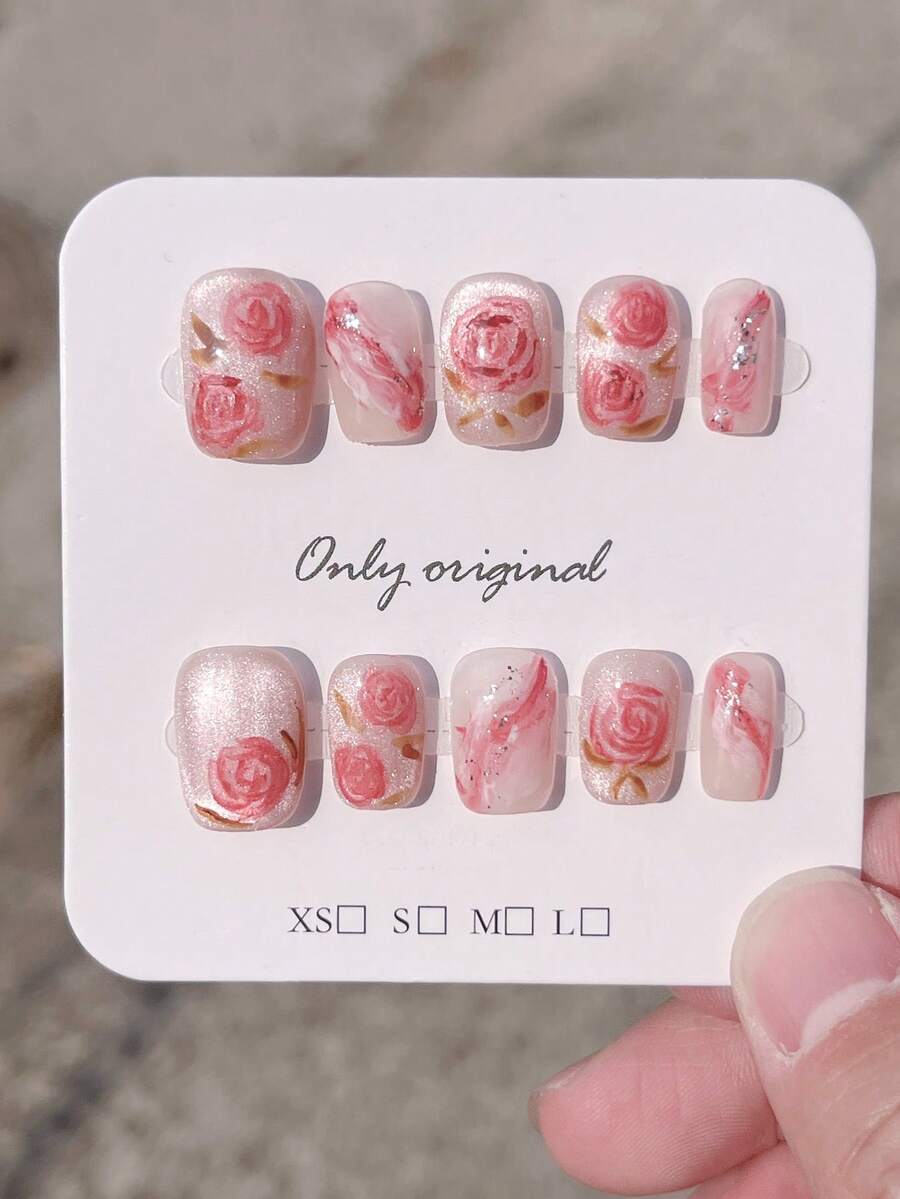 10片粉色手工按压式美甲贴片，短款方形猫眼美甲，亚克力材质，带彩绘花朵。美甲用品，覆盖，假指甲片，女士和女孩人造指甲，纯手工美甲贴片 - 粉色 - 查看 1