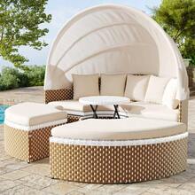 Garden Lounge Chair Set, Garden Island, Rattan Garden Table And Chairs Set, Shell-Shaped Garden Bed, Extendable Canopy, Lift-Top Table, Beige, Cushions And Seat Pads Included - C - View 9