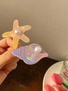 4pcs Iridescent Shell Hair Clips, Starfish & Seashell Pearl Decor Bangs Clips, Girly Ocean Style - Multicolor - View 4