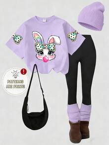 Easter 2PC Girls' Cute Bow Bunny Blowing Bubbles Cartoon Print T-Shirt And Leggings Set, Suitable For Holiday Wear, Casual Wear, Streetwear, Fashionable For Tween Girl In Summer. Ideal Easter Gift For Kids, Perfect To Celebrate Easter! - 淡紫色 - 查看 2