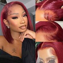 女士99J酒红色13x4高清蕾丝波波头假发，180%密度，耐热合成纤维混纺真人发，带婴儿发，适合万圣节和圣诞节等场合，可作礼物。 - SBUG - 查看 8