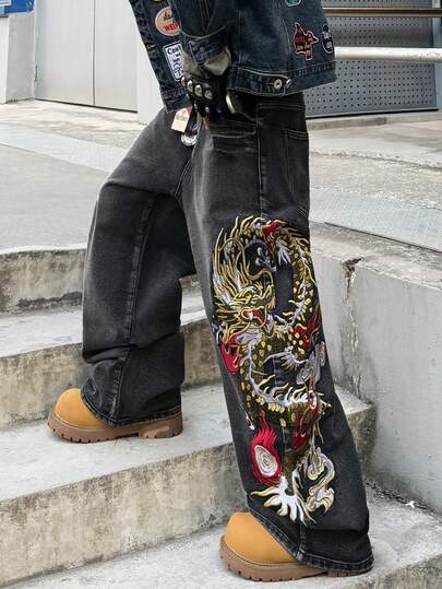 1pc Vintage American Street Style Embroidered Loose Fit Relaxed Straight Leg Jeans, Versatile All-Season Denim Pants For Men (Belt And Accessories Not Included)