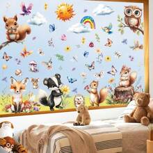 Conjunto de 9 adesivos de janela com animais da floresta em estilo desenho animado, perfeitos para a primavera. Adesivos estáticos de PVC com bichinhos fofos como coelhos, esquilos e raposas, além de elementos florais. Ideais para festas de primavera, decoração de vitrines de shoppings e salas de estar. - Adesivos de janela de primavera com animais de desenho animado - Ver 2