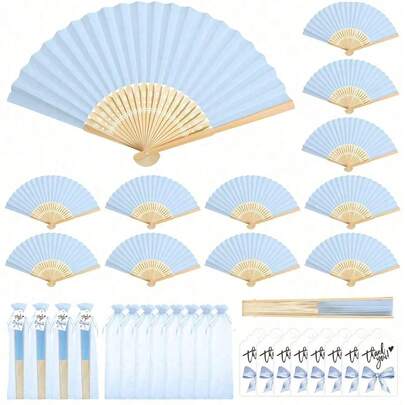 3/15/30pcs Set, Summer Series Wedding Gift Folding Fans, Ladies Folding Fans, Green Bowknot, Transparent Drawstring Bag, Wedding Party Decor. Suitable For Bridal Gifts, Party Favors, Bridesmaid Photo Props, Summer Fans, Events And Party Supplies, Multi-Piece Party Gift Bags.