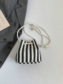 Canvas Fashion New Shoulder Crossbody Bag Handbag Commuter Bag Drawstring Bucket Bag Minimalist Stylish Striped Shoulder Bag - Black - View 10
